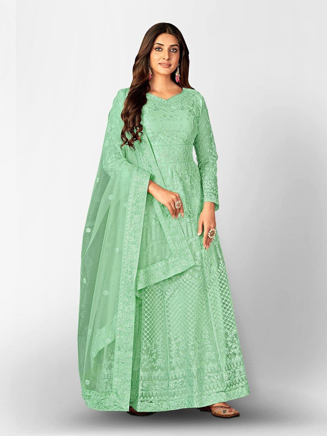 Green Embroidered Thread Work Semi-Stitched Dress Material view 5