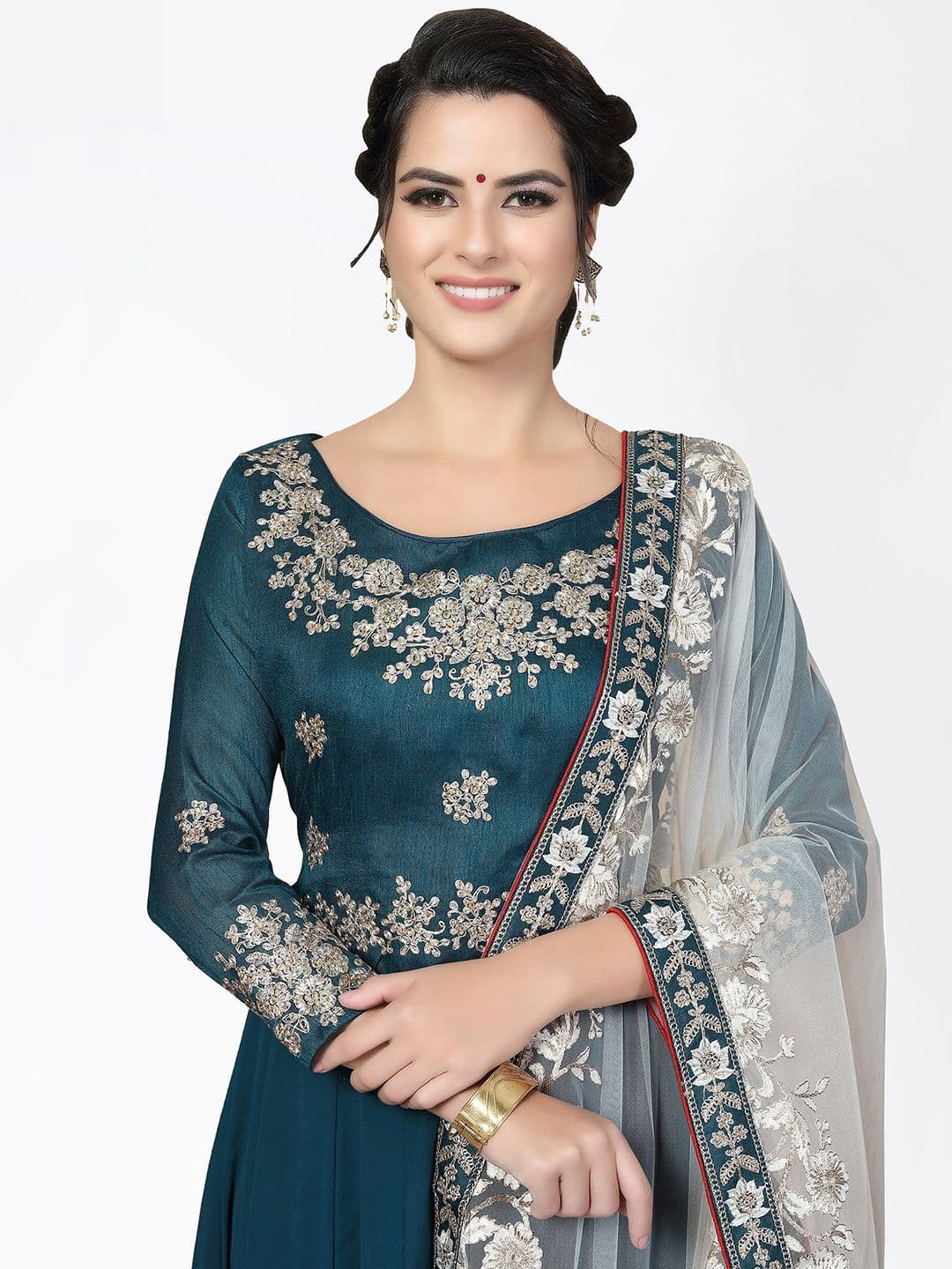 Turquoise Blue & Gold-Toned Semi-Stitched Dress Material view 2
