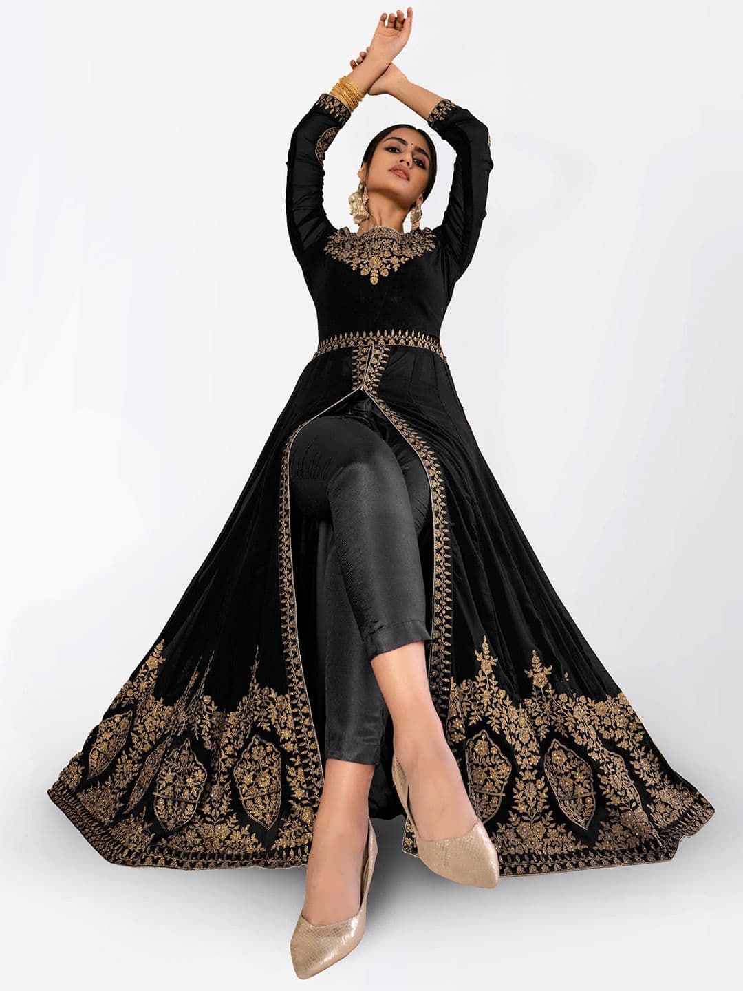 Black & Gold-Toned Embroidered Unstitched Dress Material view 6