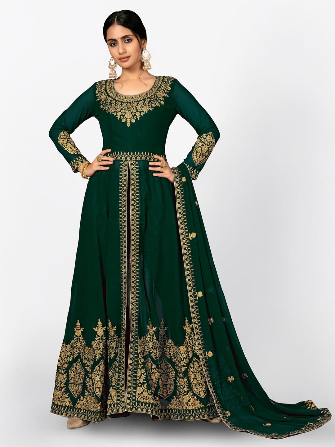 Green & Gold-Toned Embroidered Unstitched Dress Material view 5