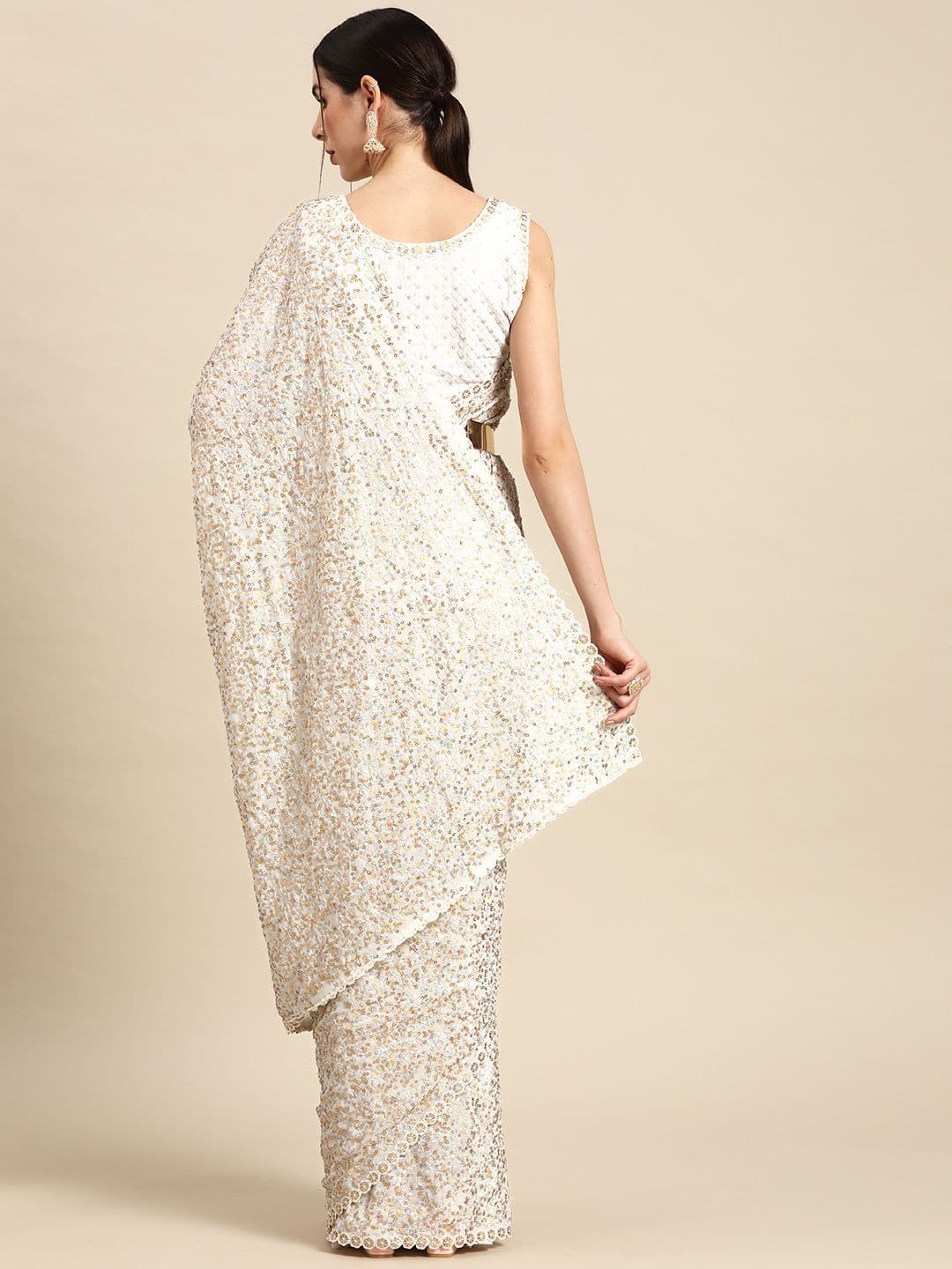 Embellished Sequinned Saree Off White view 2
