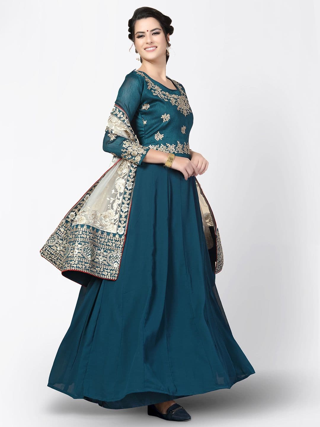 Turquoise Blue & Gold-Toned Semi-Stitched Dress Material view 3