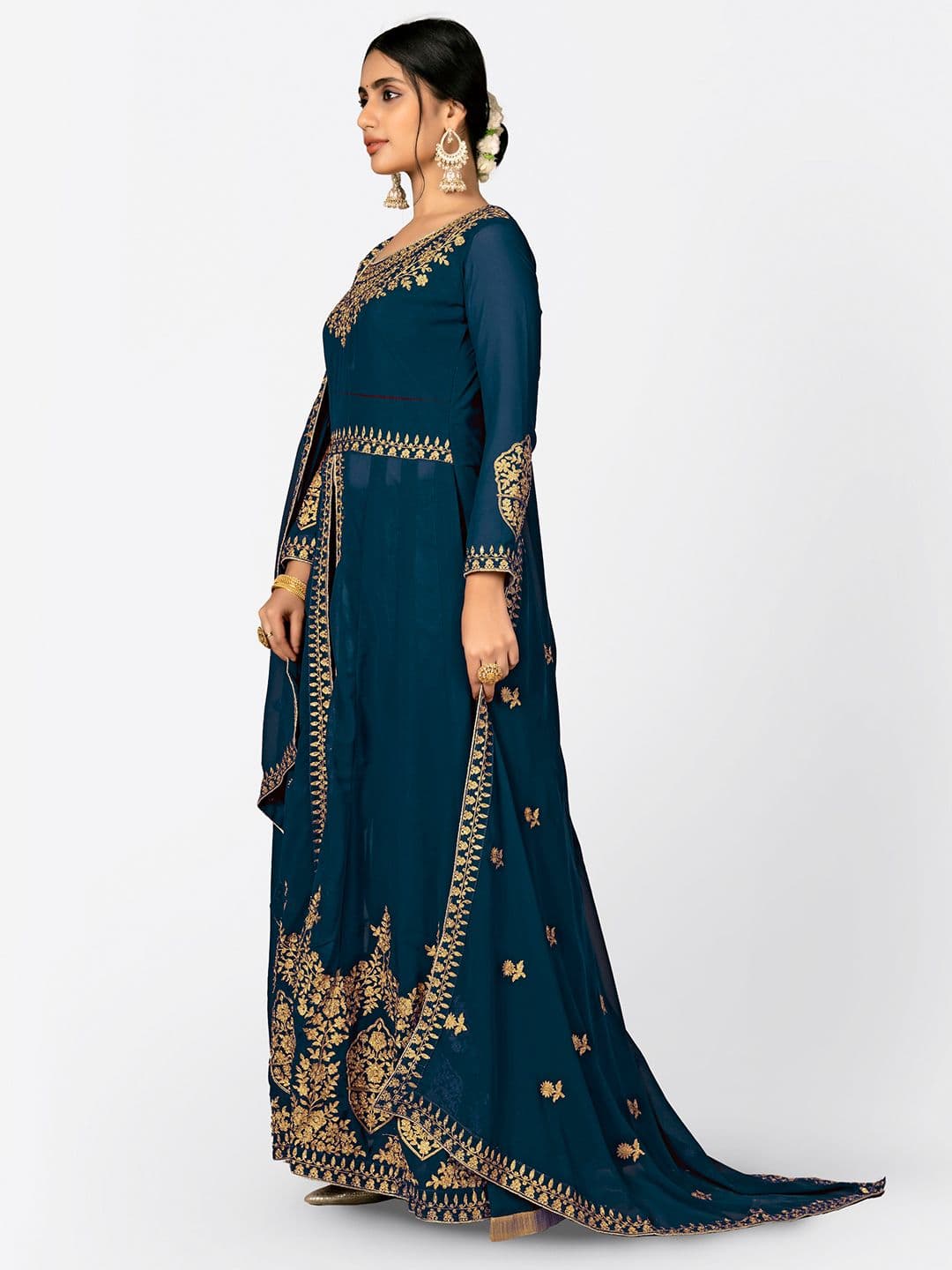 Turquoise Blue & Gold-Toned Embroidered Semi-Stitched Dress Material view 3