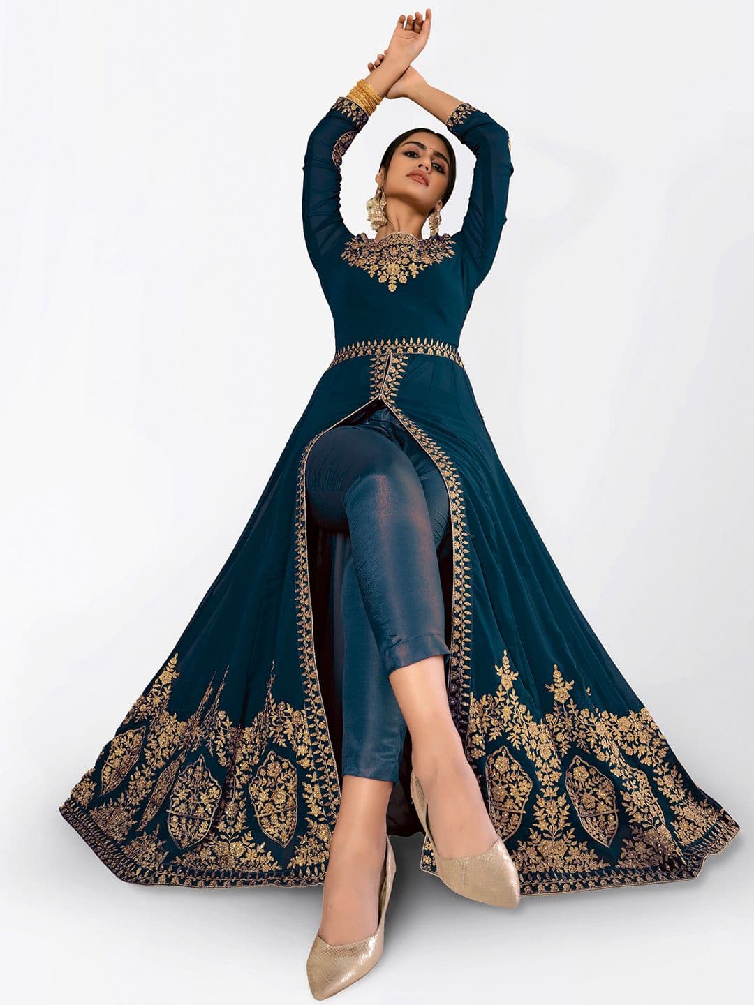 Turquoise Blue & Gold-Toned Embroidered Semi-Stitched Dress Material view 6