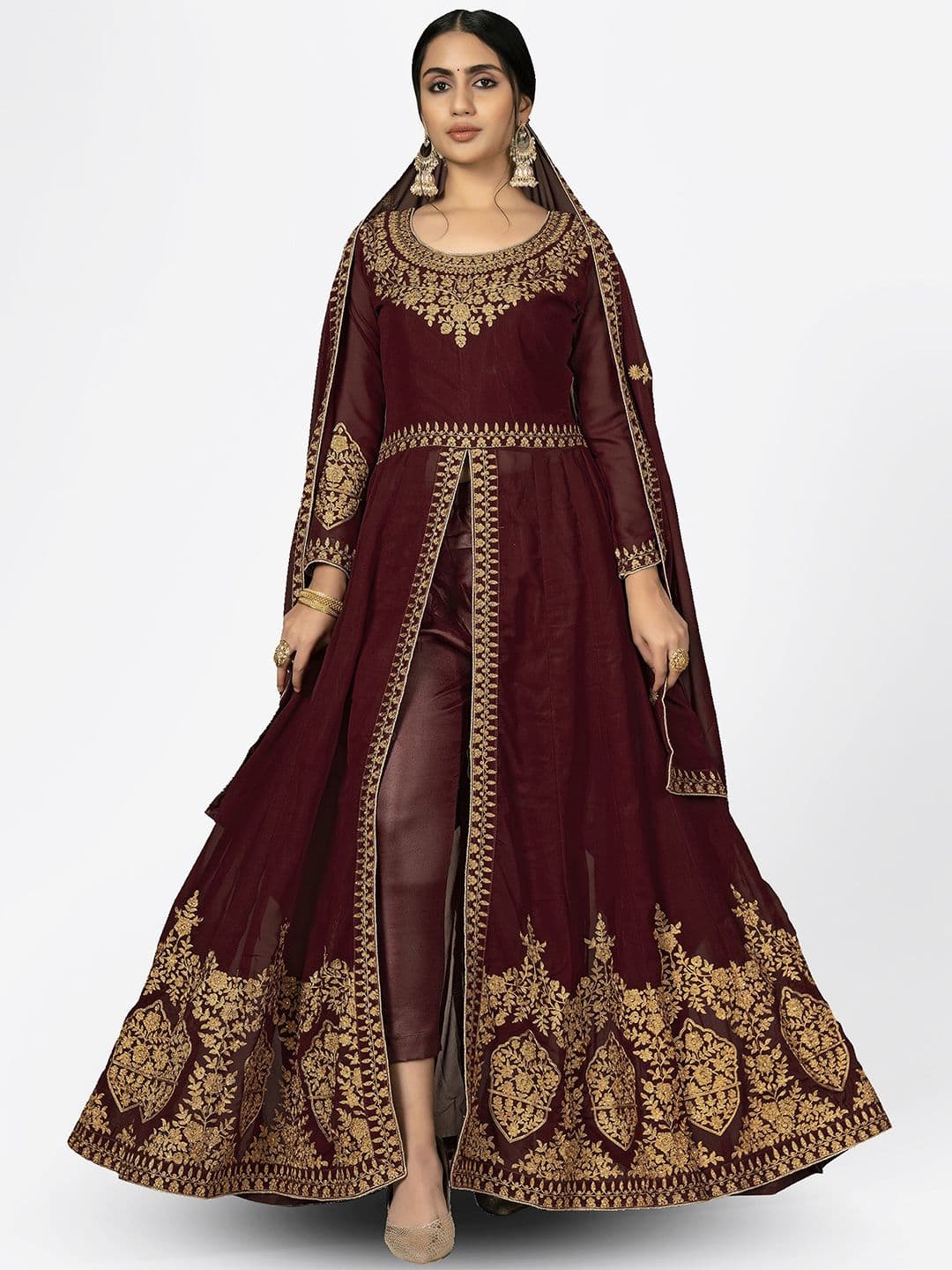 Maroon & Gold-Toned Embroidered Unstitched Dress Material view 5