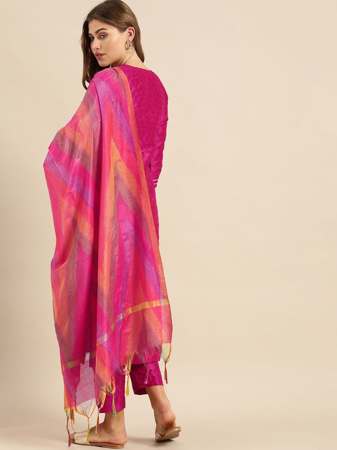 Embroidered Yoke Design Jacquard Kurta with Trousers & Dupatta view 6