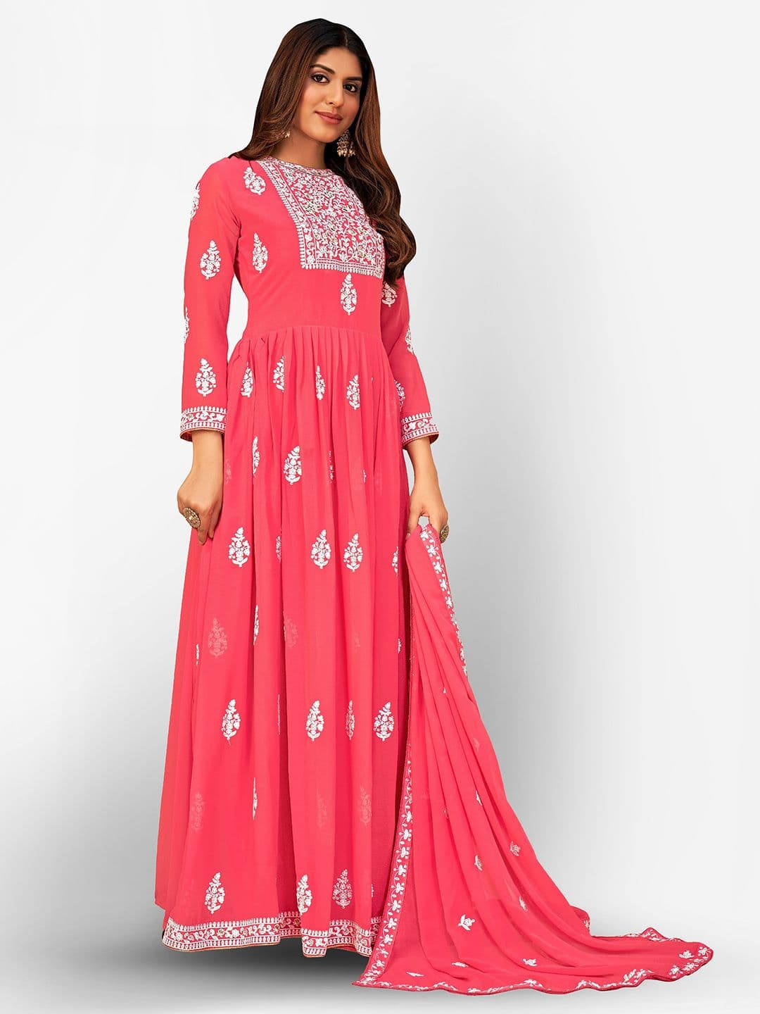 Pink & White Embroidered Unstitched Dress Material view 4