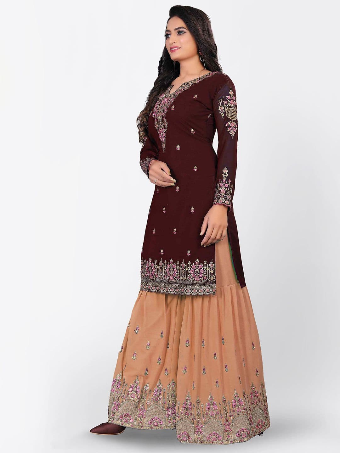 Brown & Peach-Coloured Embroidered Unstitched Dress Material view 4