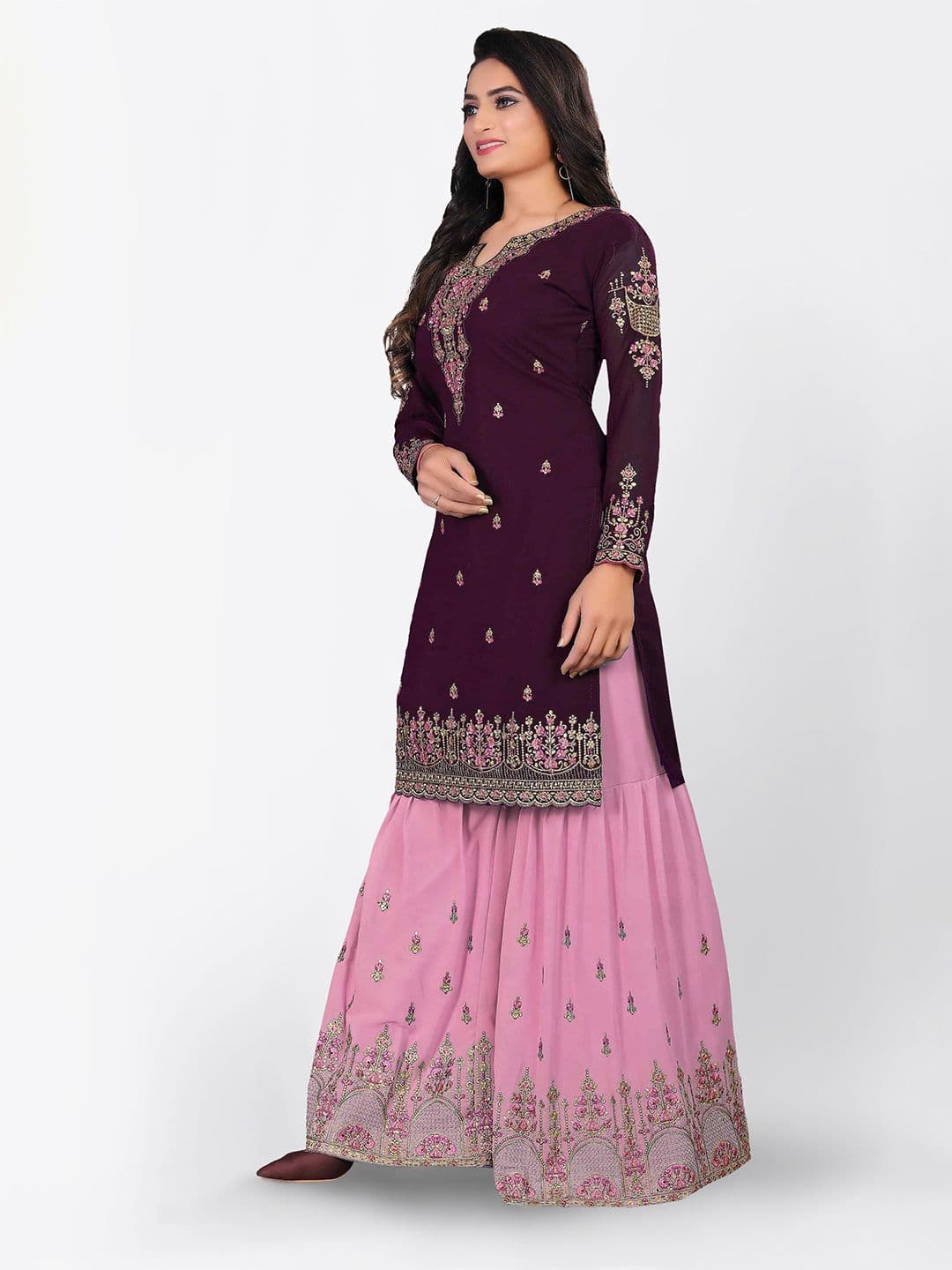 Purple & Pink Embroidered Unstitched Dress Material view 3