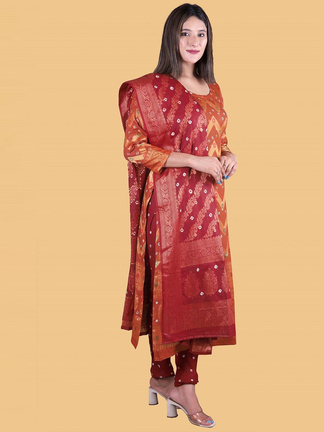 Women Mustard & Gold-Toned Pure Cotton Unstitched Dress Material view 3