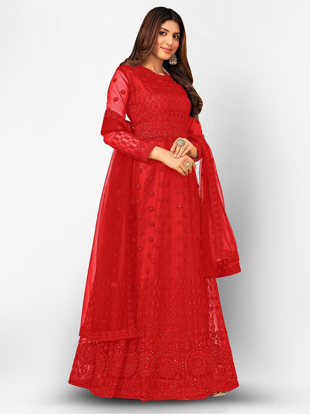 Red & Orange Embroidered Unstitched Dress Material view 4