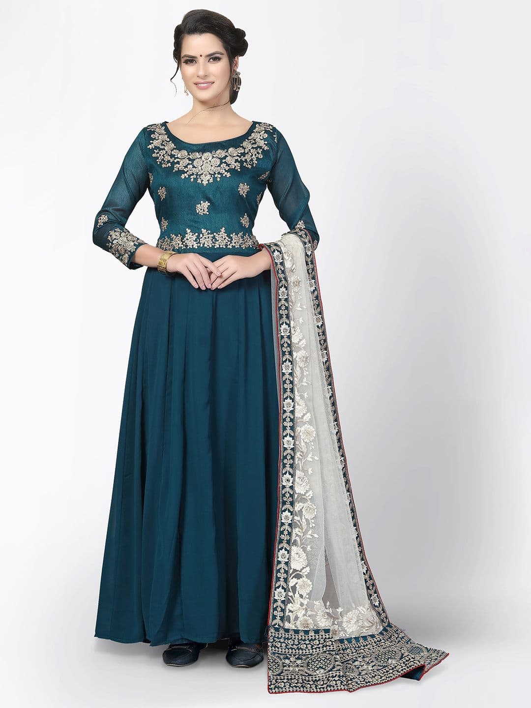 Turquoise Blue & Gold-Toned Semi-Stitched Dress Material view 6