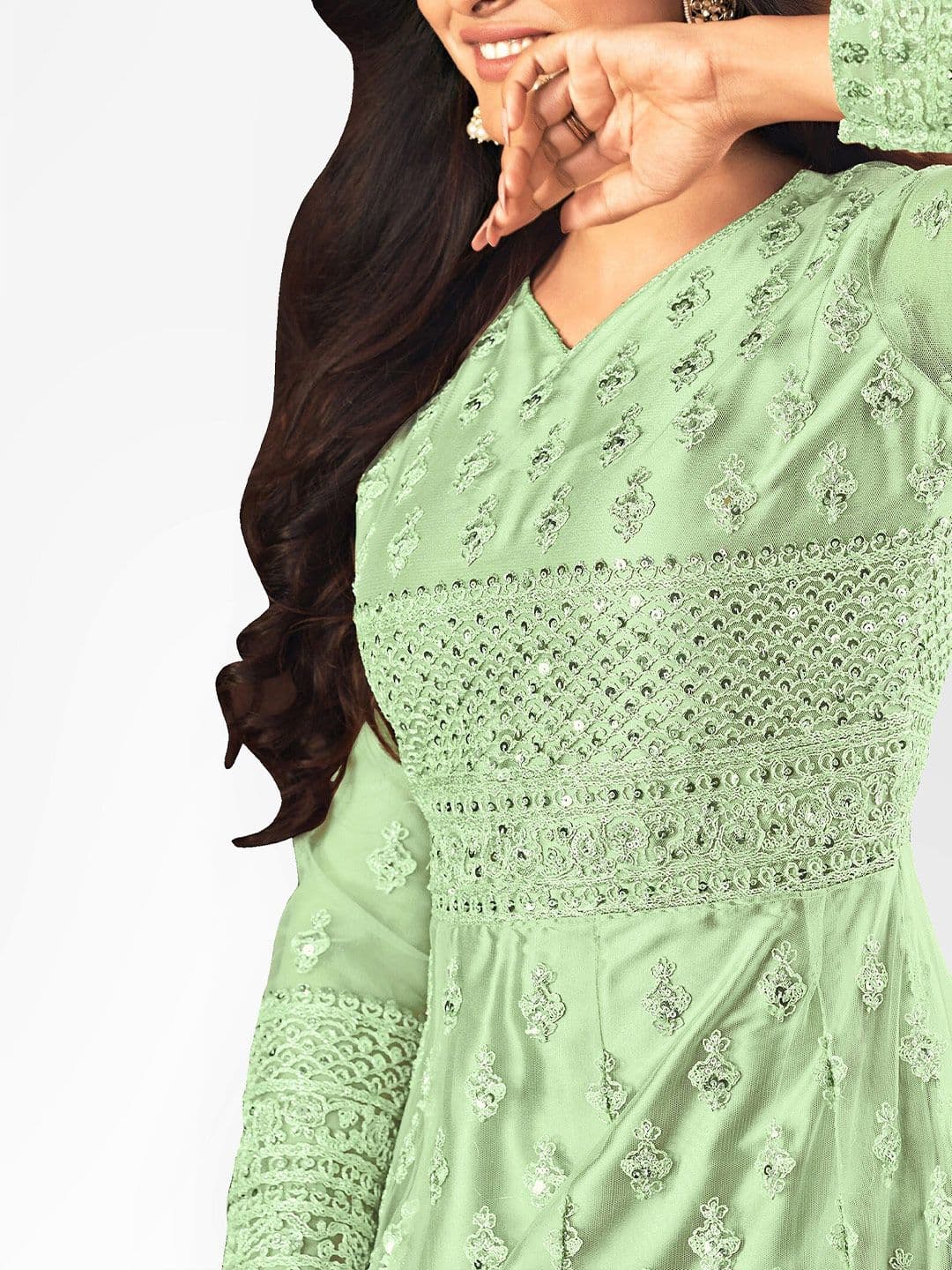 Green Embroidered Sequined Semi-Stitched Dress Material view 2