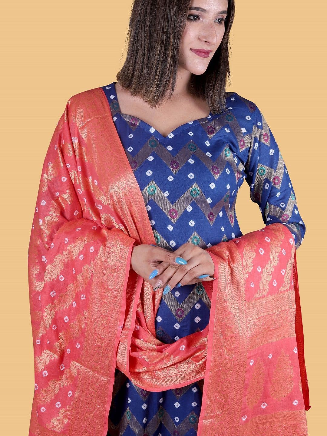 Blue & Pink Dyed Pure Cotton Unstitched Dress Material view 2