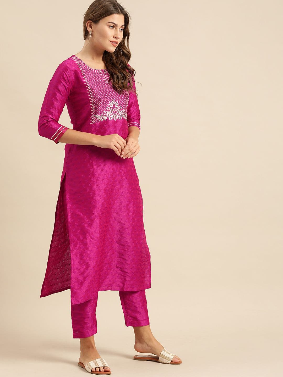 Embroidered Yoke Design Jacquard Kurta with Trousers & Dupatta view 5