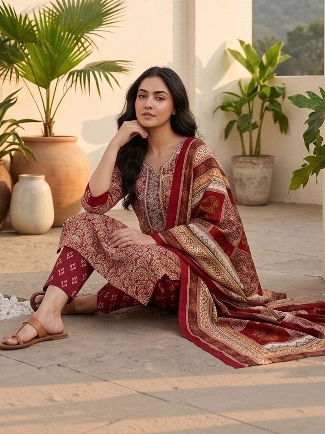 Women Ethnic Motifs Printed Regular Thread Work Kurta with Trousers & With Dupatta view 4