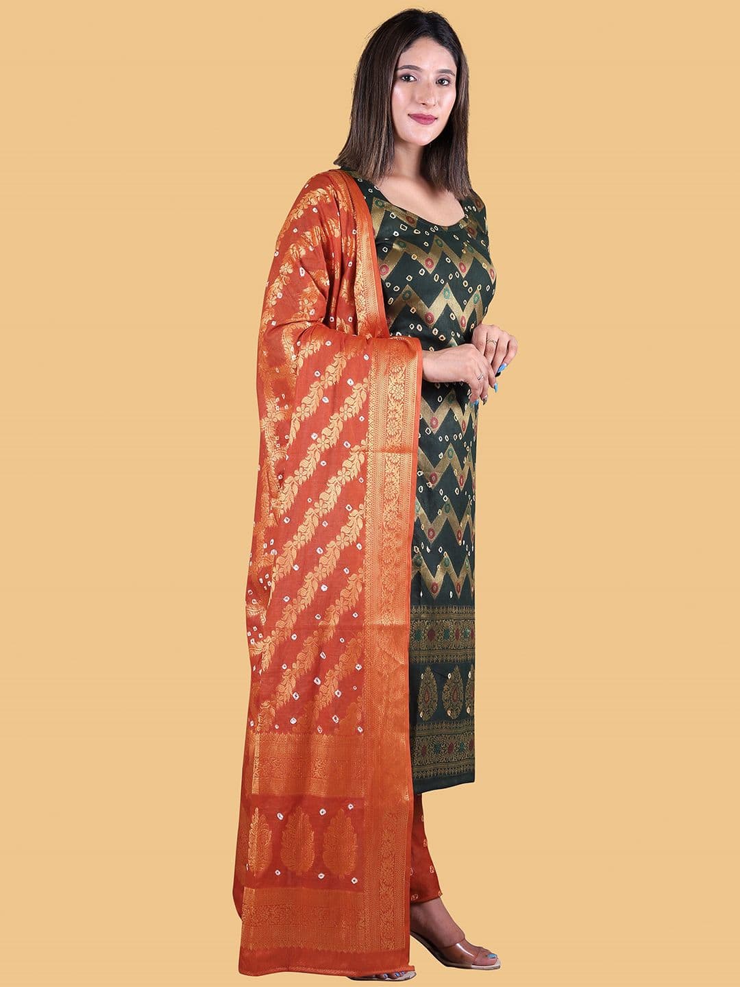 Women Green & Red Pure Cotton Unstitched Dress Material view 4