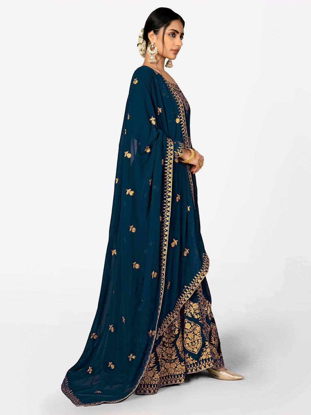 Turquoise Blue & Gold-Toned Embroidered Semi-Stitched Dress Material view 2