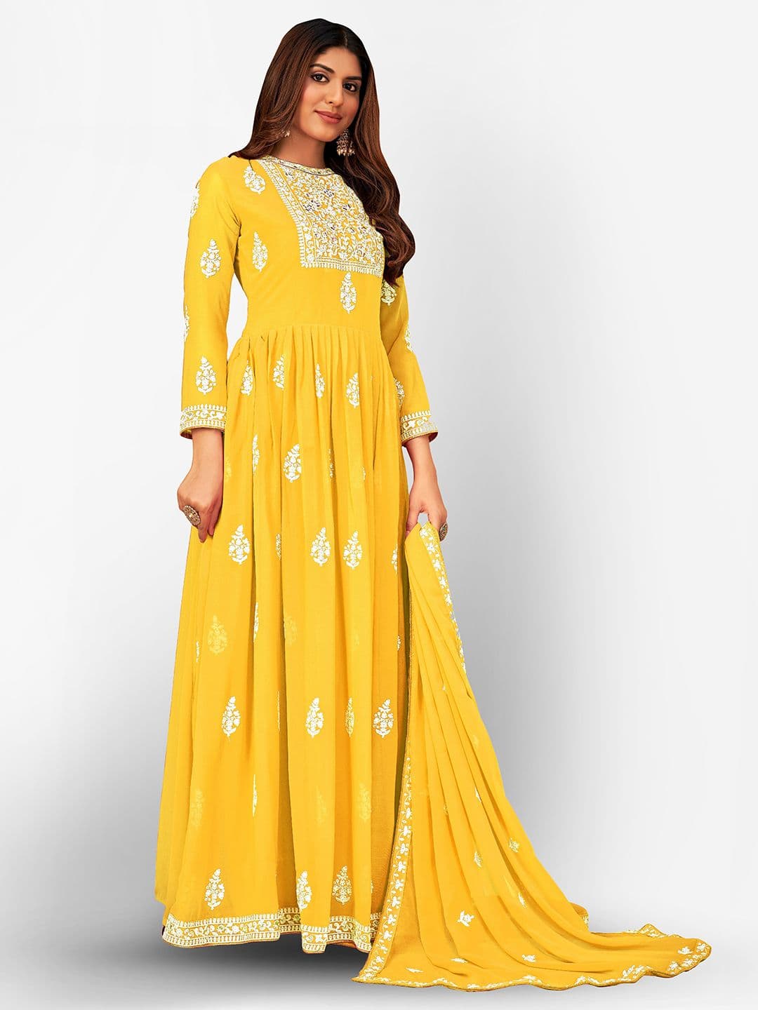 Yellow & White Embroidered Unstitched Dress Material view 3