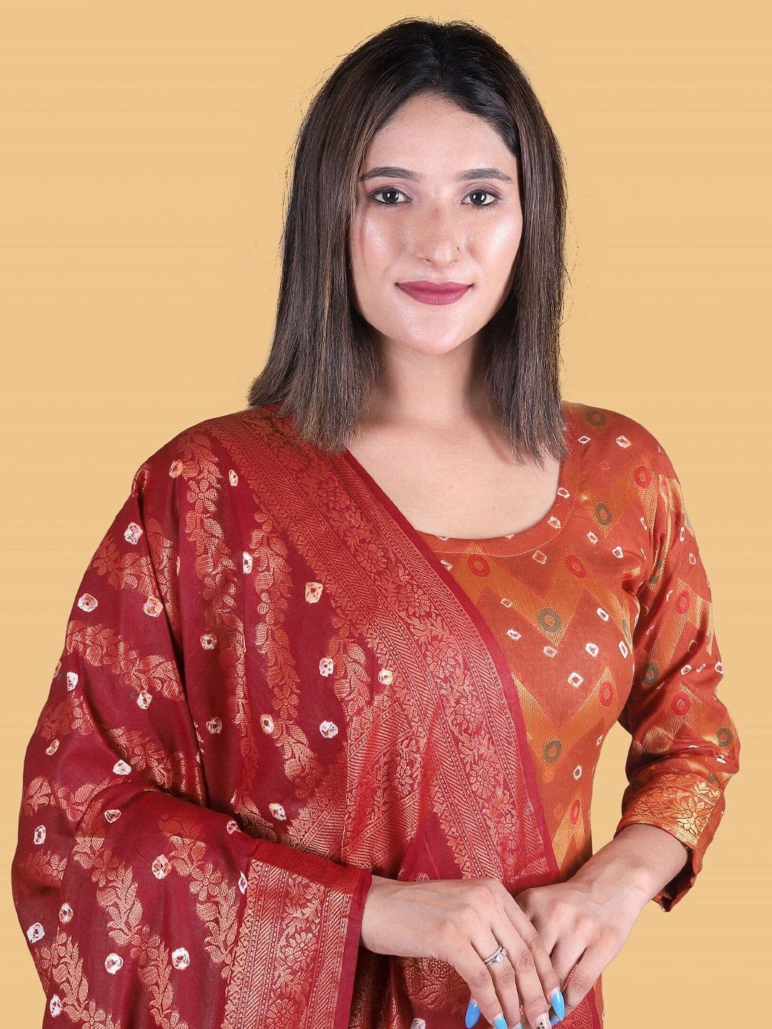 Women Mustard & Gold-Toned Pure Cotton Unstitched Dress Material view 2