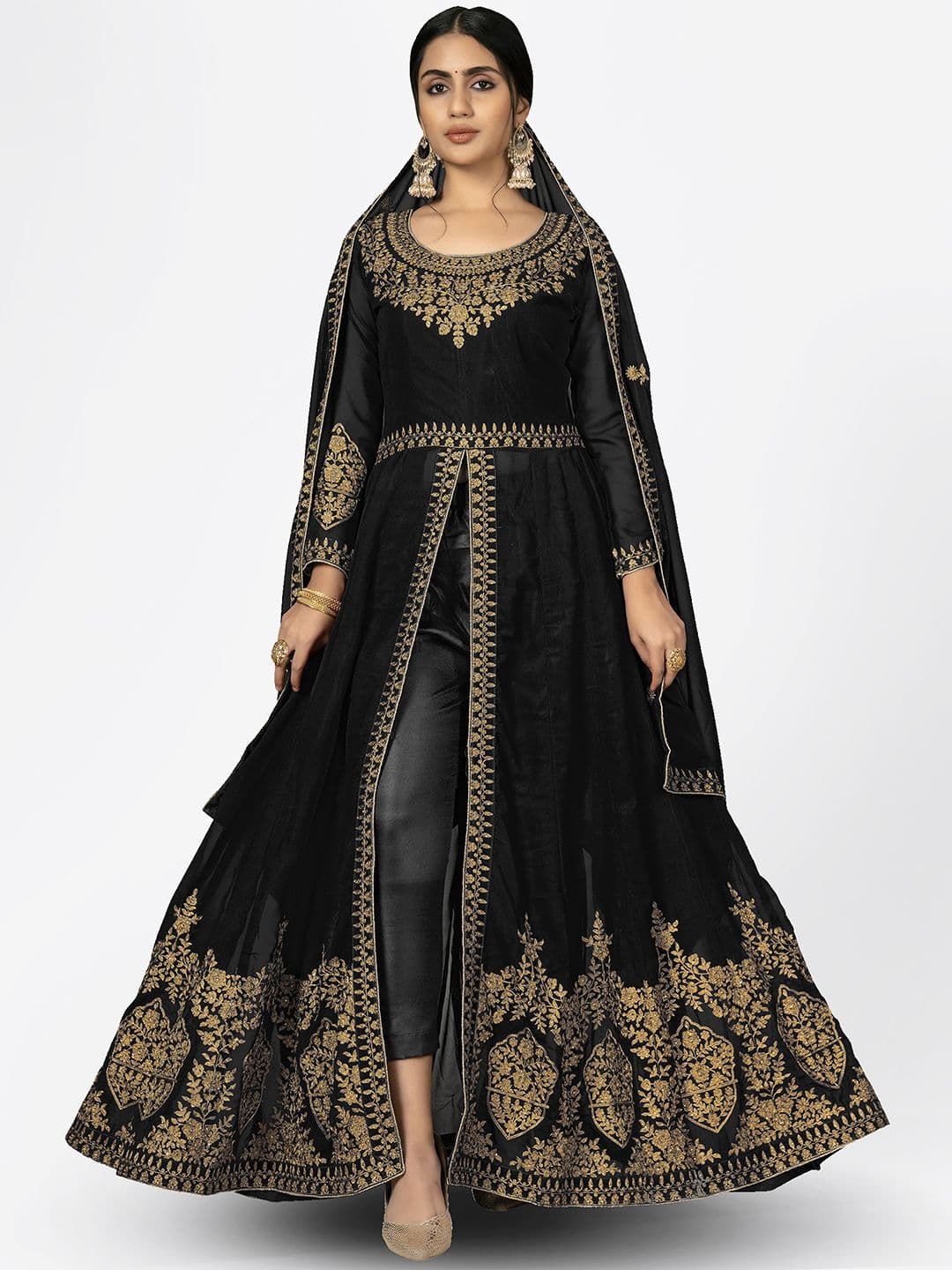 Black & Gold-Toned Embroidered Unstitched Dress Material view 5