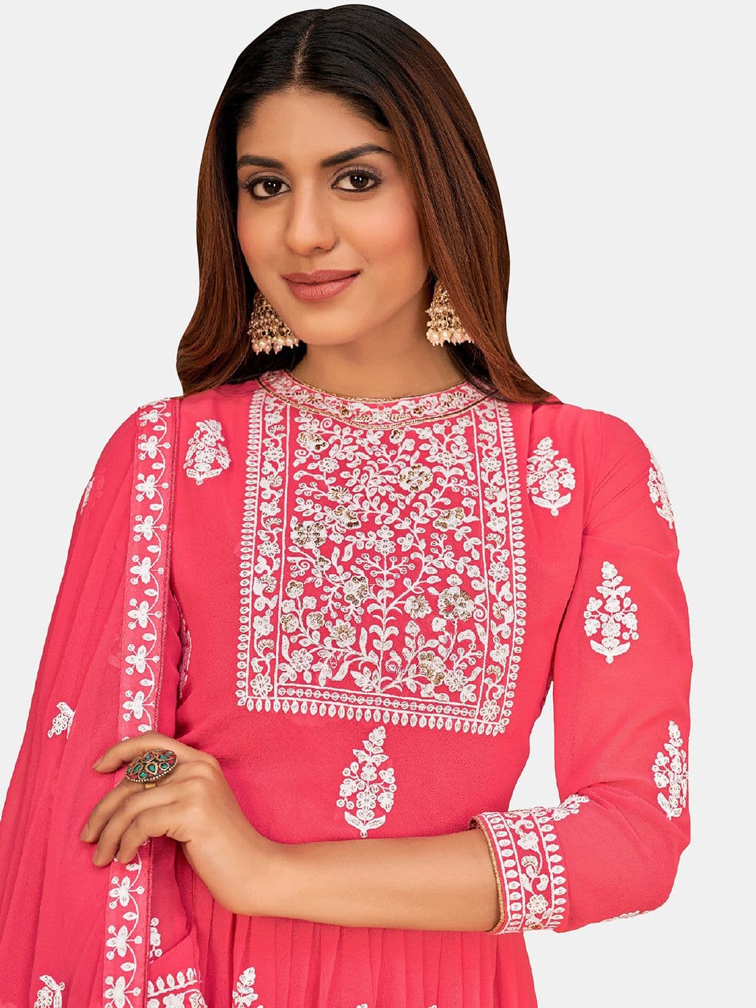 Pink & White Embroidered Unstitched Dress Material view 2