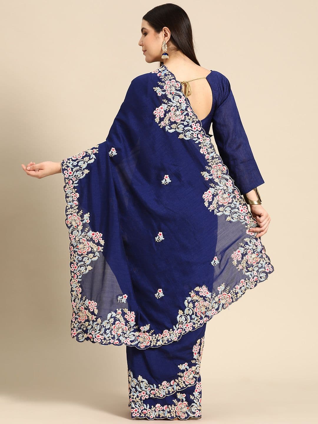 Floral Embroidered Saree Blue view 2