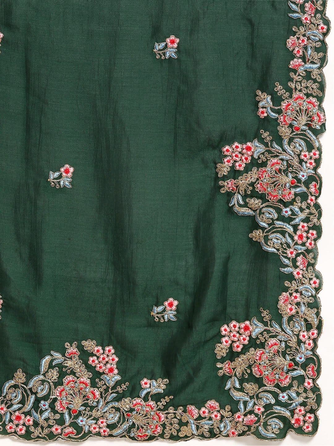 Floral Embroidered Saree Green view 4