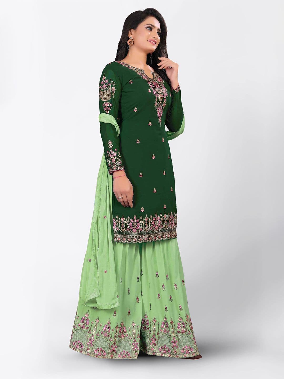 Green & Gold-Toned Embroidered Unstitched Dress Material view 2
