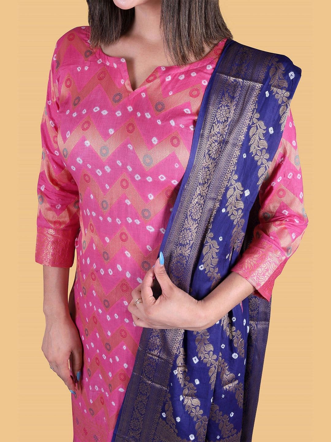 Women Pink & Blue Pure Cotton Unstitched Dress Material view 2