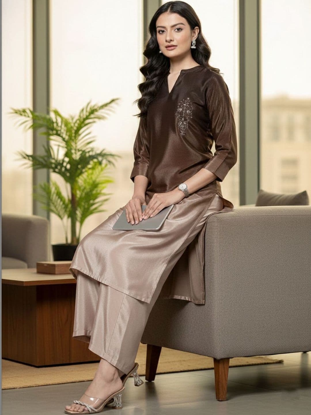 Women Ombre Dyed Regular Thread Work Kurta with Trousers view 2