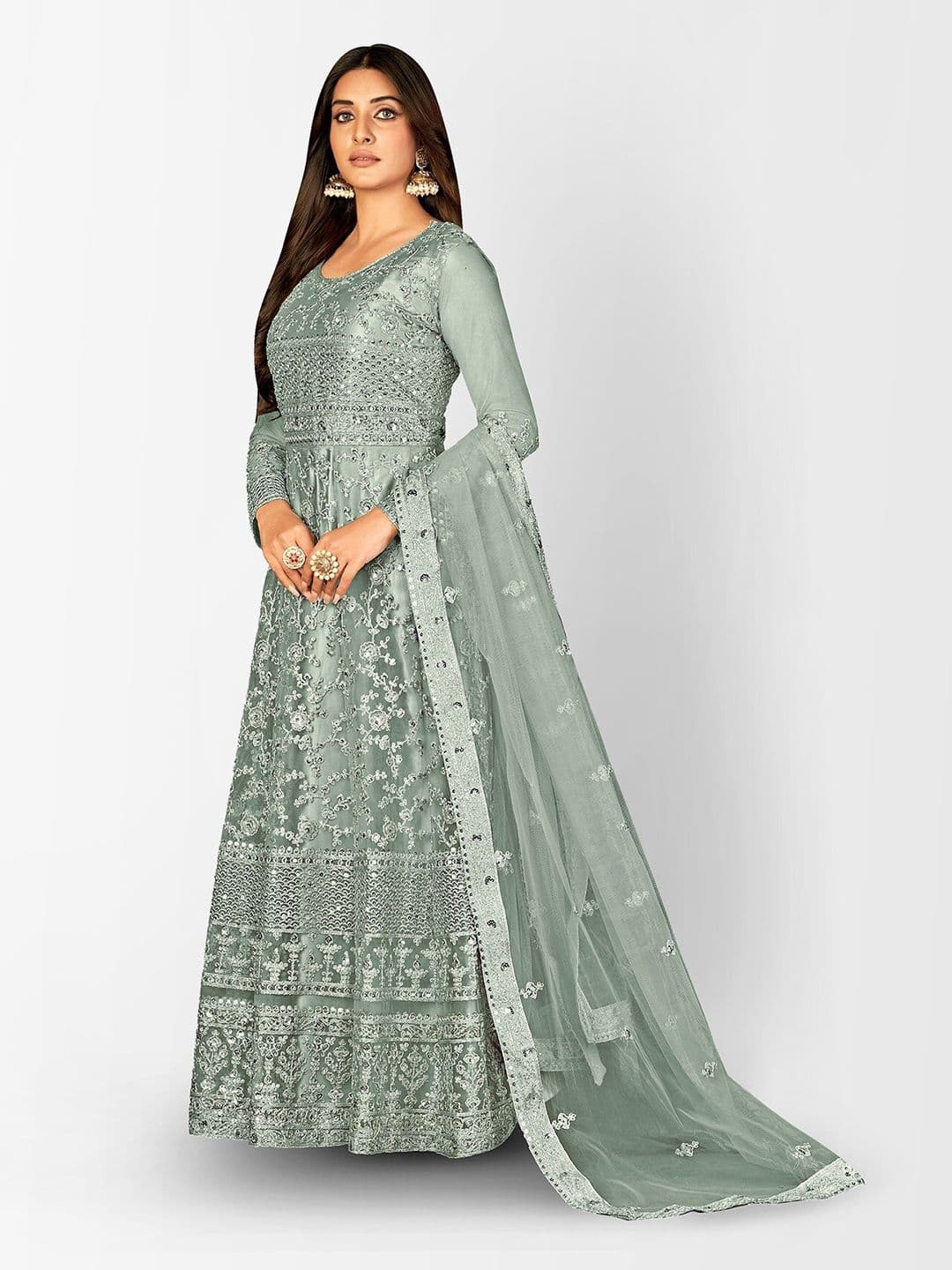 Grey Embellished Sequined Semi-Stitched Dress Material view 4