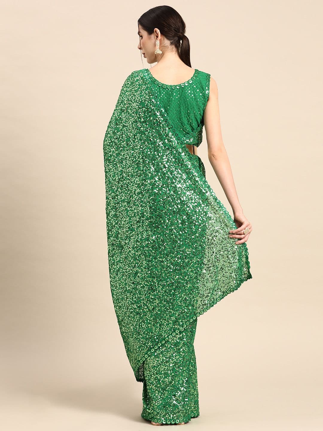 Embellished Sequinned Saree Green view 2