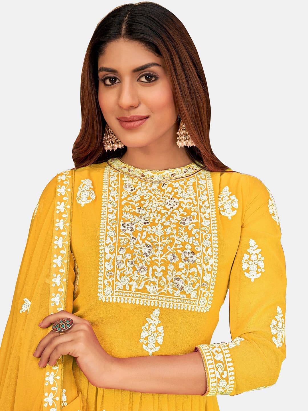 Yellow & White Embroidered Unstitched Dress Material view 2