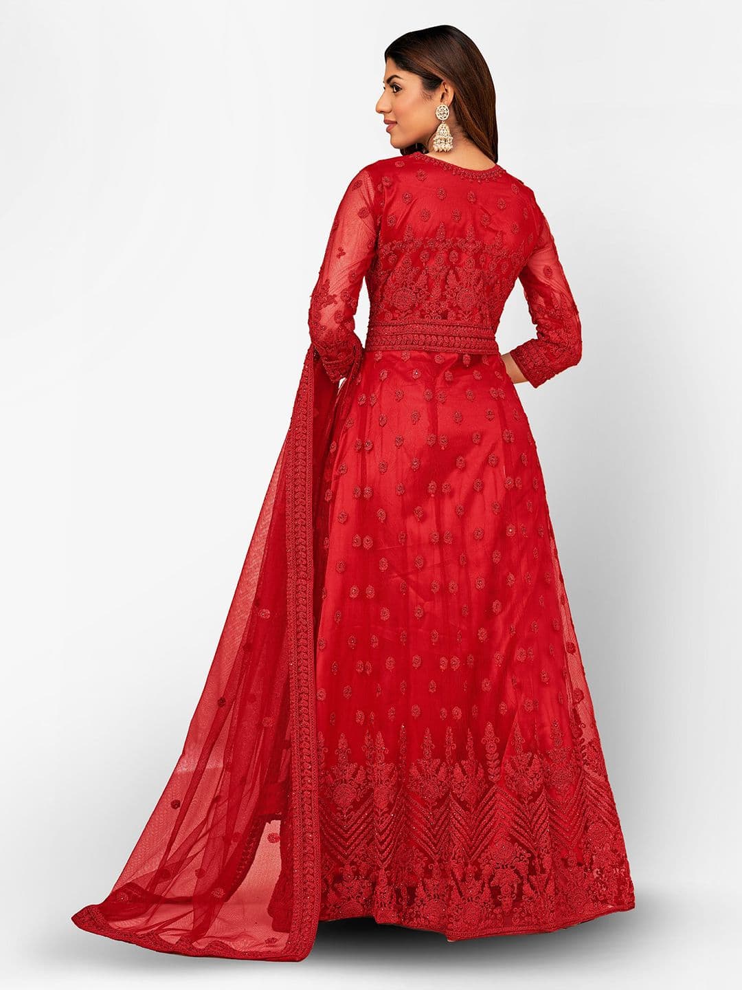 Red Embroidered Unstitched Dress Material view 5