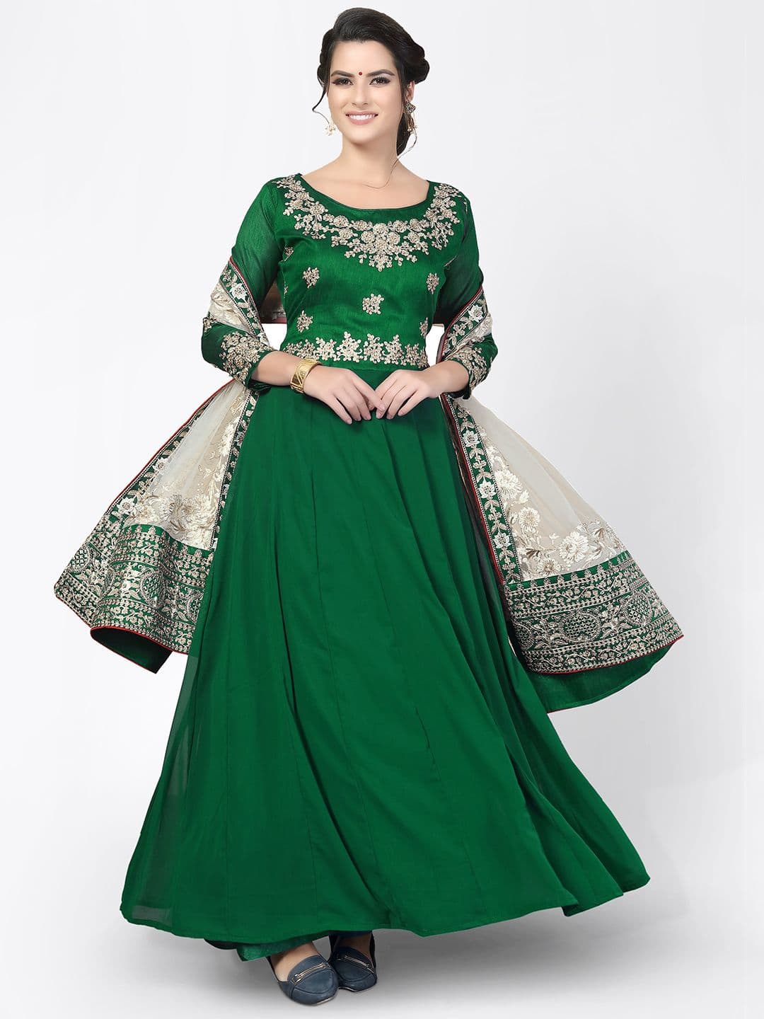 Green & White Embroidered Unstitched Dress Material view 5