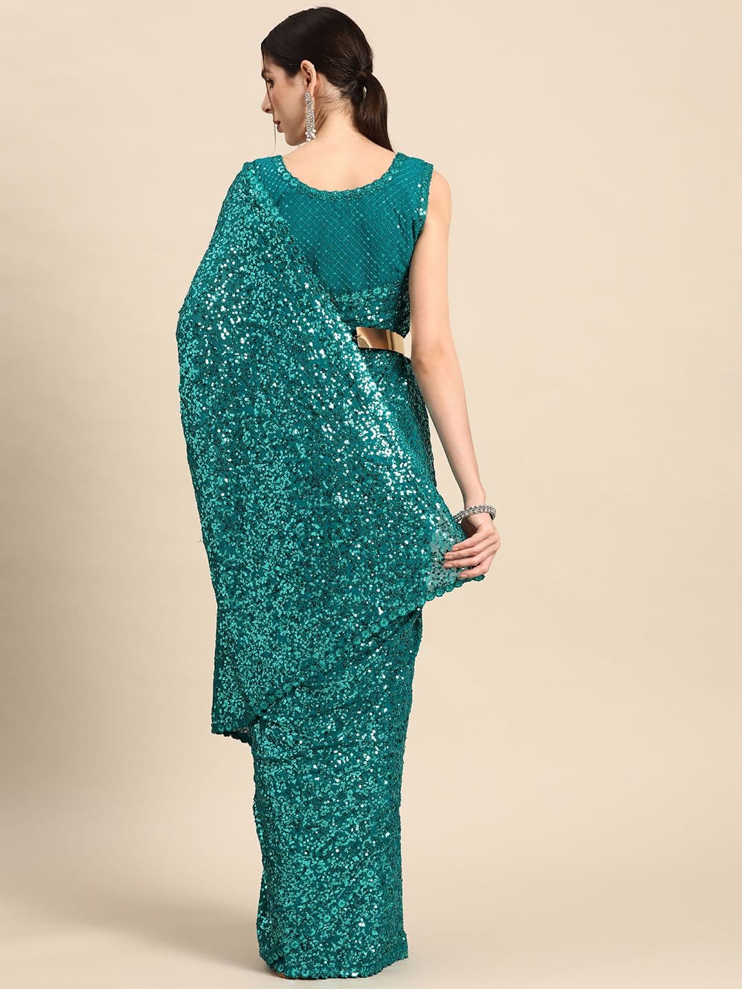 Embellished Sequinned Saree Turquoise Blue view 2