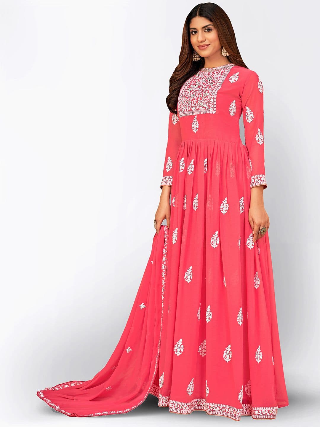 Pink & White Embroidered Unstitched Dress Material view 3