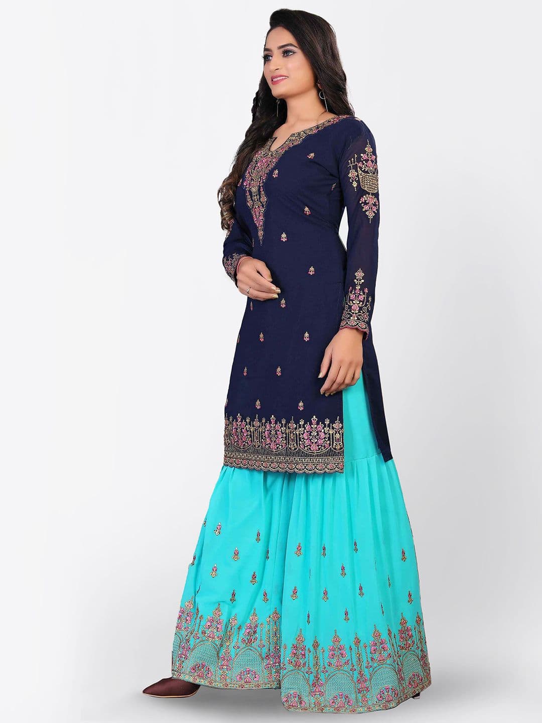 Blue & Pink Embroidered Unstitched Dress Material view 4