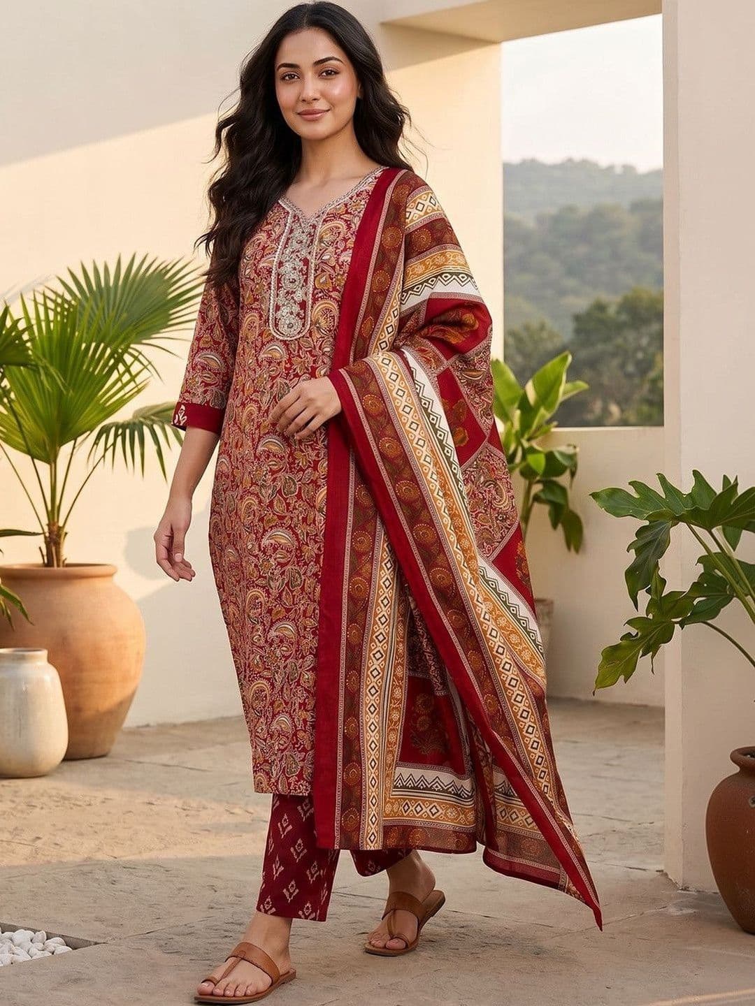 Women Ethnic Motifs Printed Regular Thread Work Kurta with Trousers & With Dupatta view 7