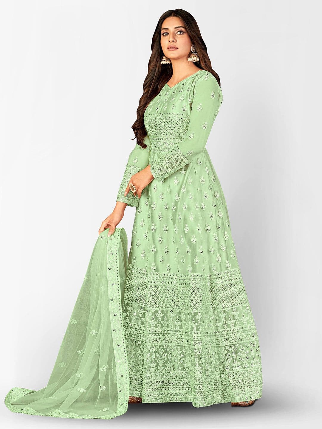 Green Embroidered Sequined Semi-Stitched Dress Material view 4