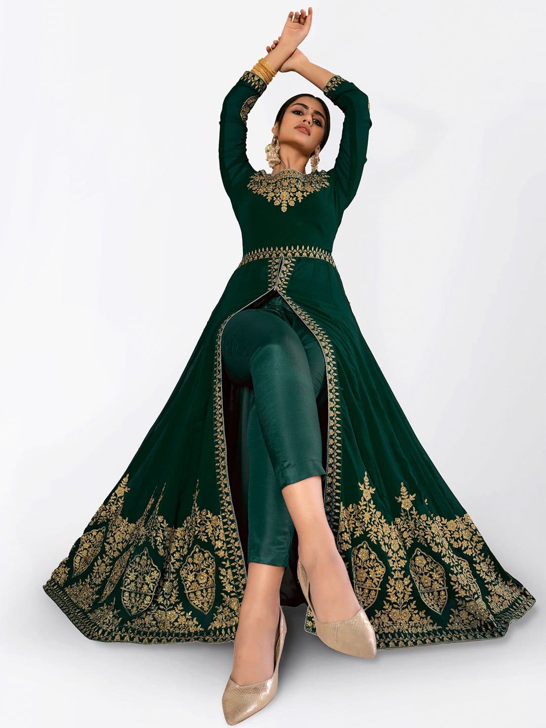 Green & Gold-Toned Embroidered Unstitched Dress Material view 6