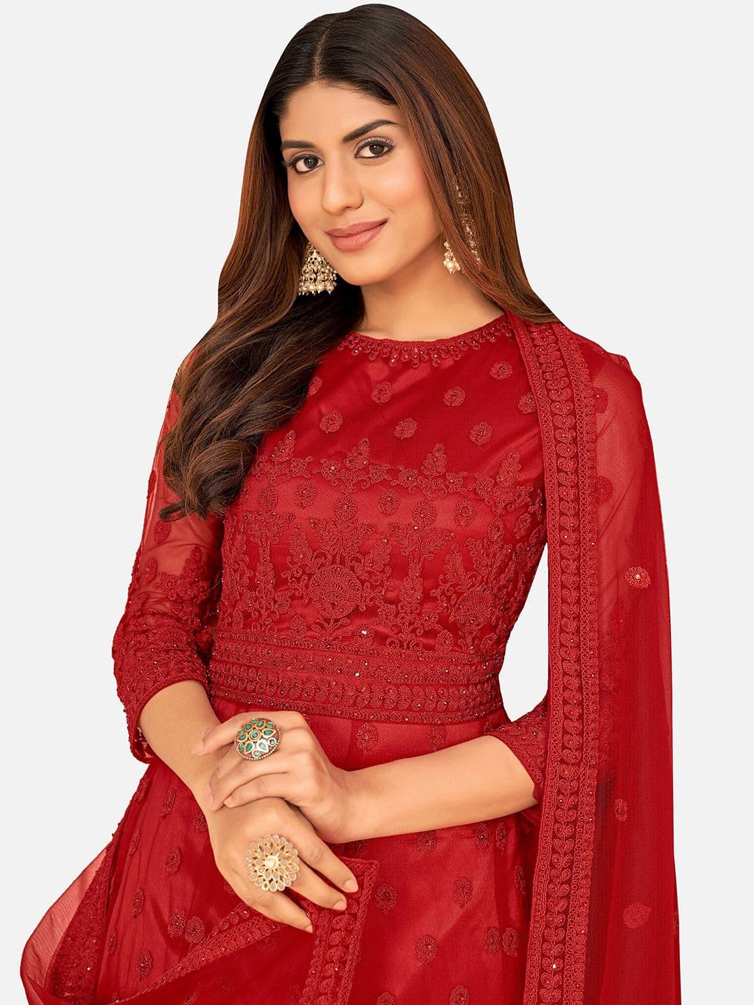 Red Embroidered Unstitched Dress Material view 2