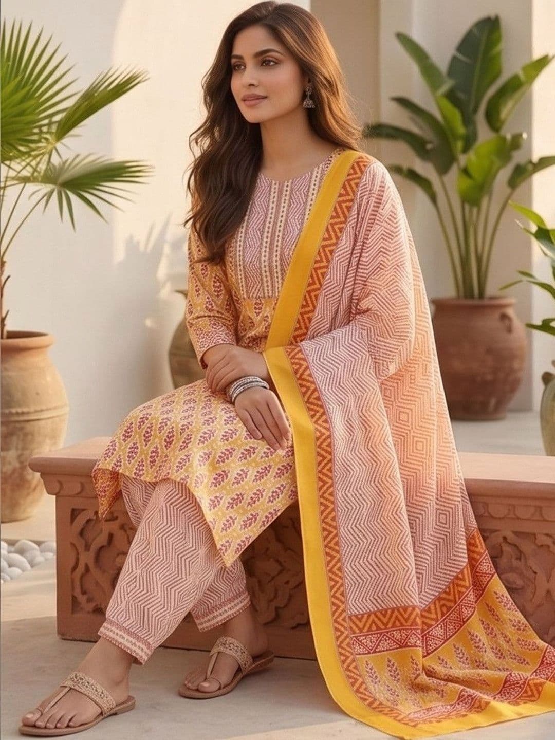 Women Ethnic Motifs Printed Regular Kurta with Patiala & With Dupatta view 2