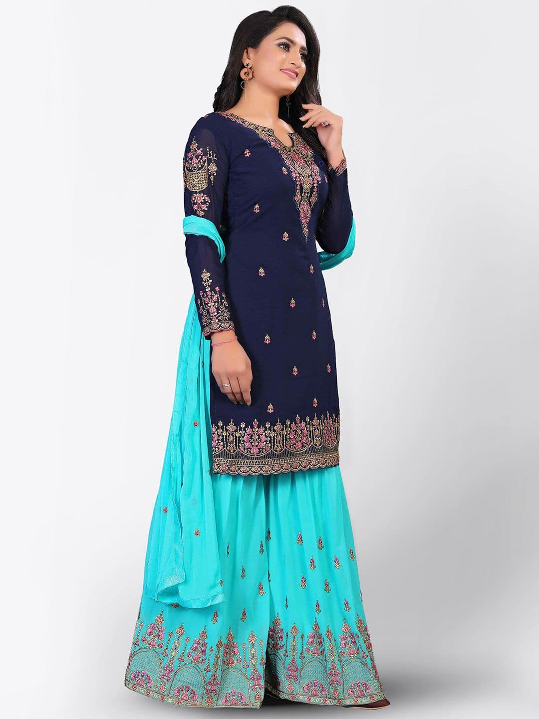 Blue & Pink Embroidered Unstitched Dress Material view 2