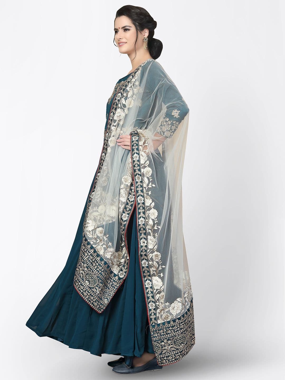 Turquoise Blue & Gold-Toned Semi-Stitched Dress Material view 4