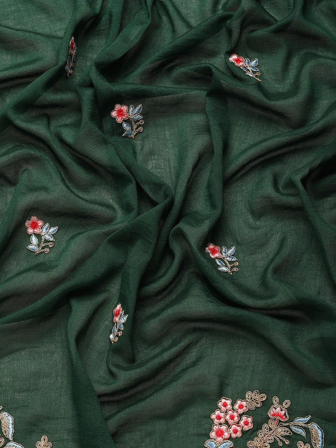 Floral Embroidered Saree Green view 5