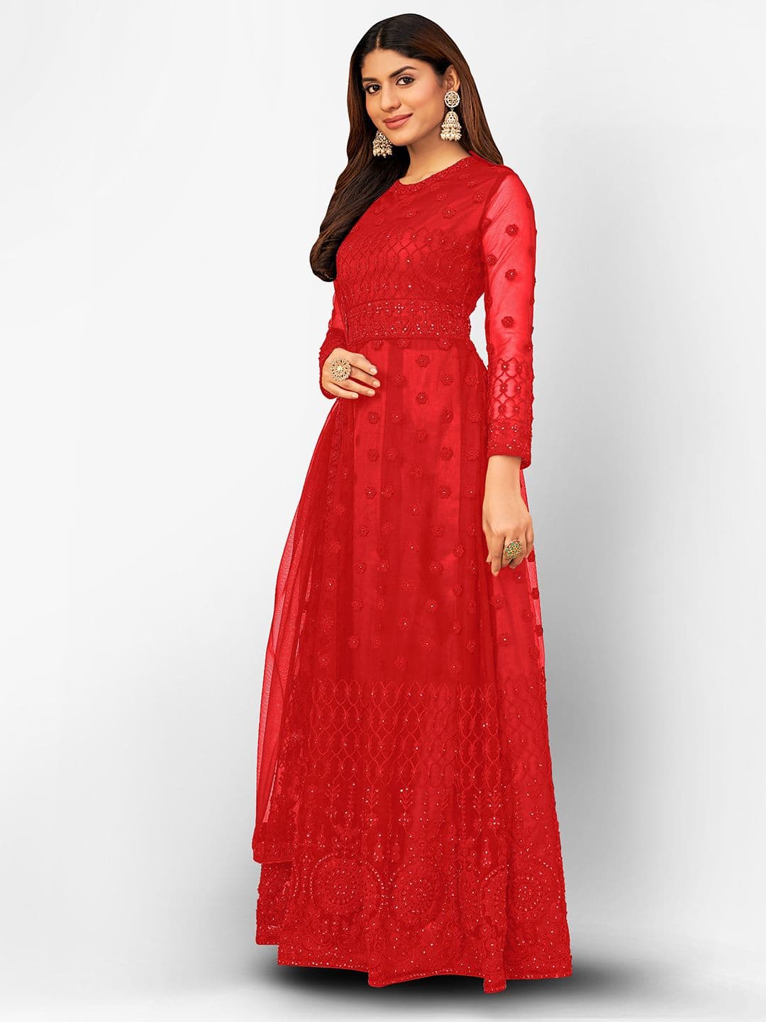 Red & Orange Embroidered Unstitched Dress Material view 3