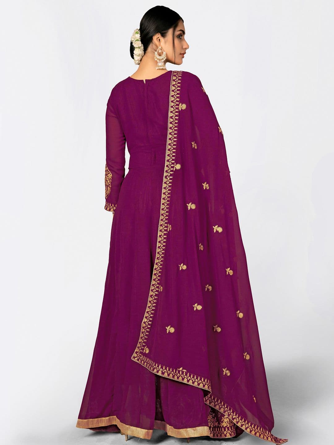 Purple & Gold-Toned Embroidered Unstitched Dress Material view 4