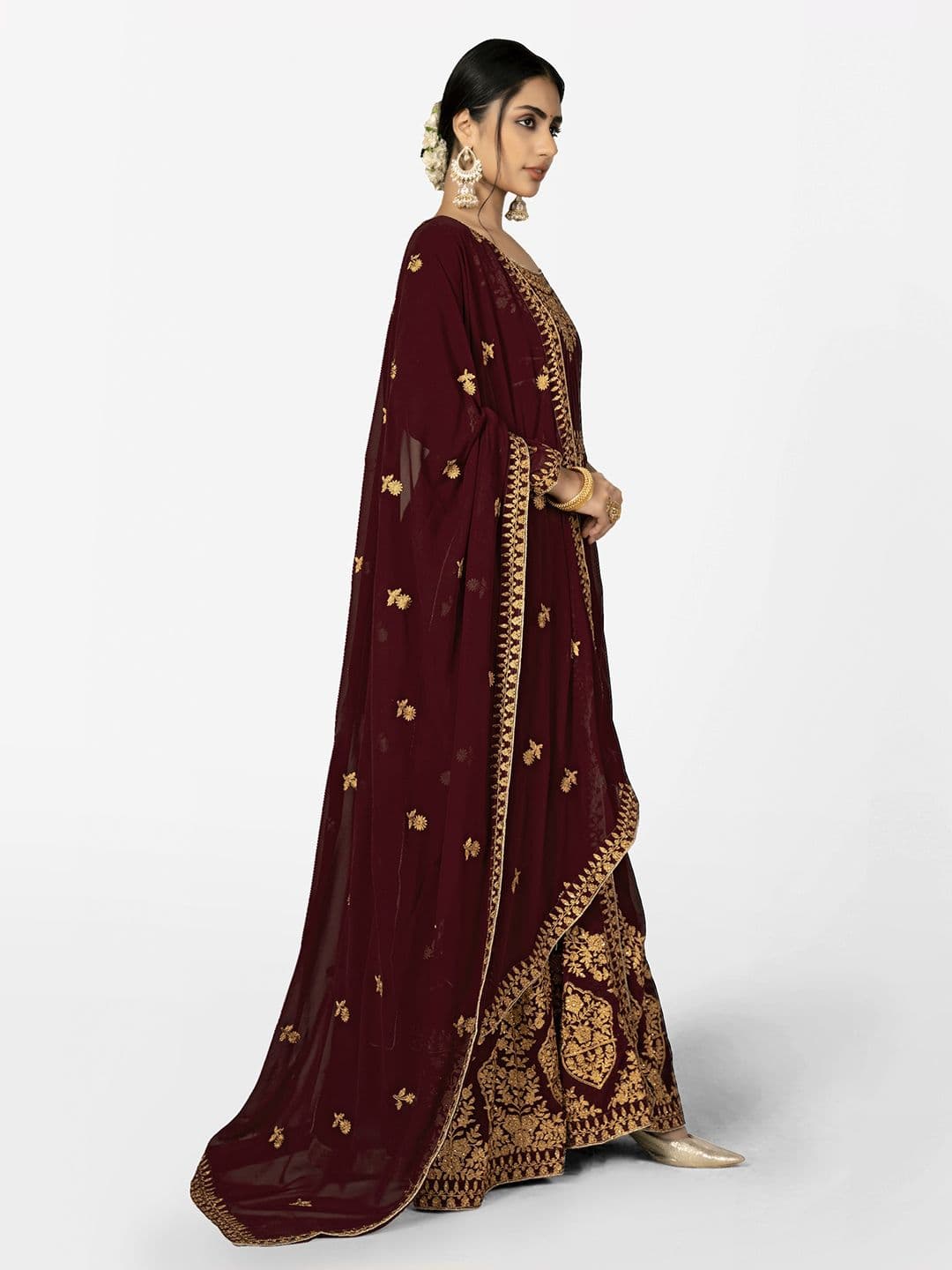 Maroon & Gold-Toned Embroidered Unstitched Dress Material view 2